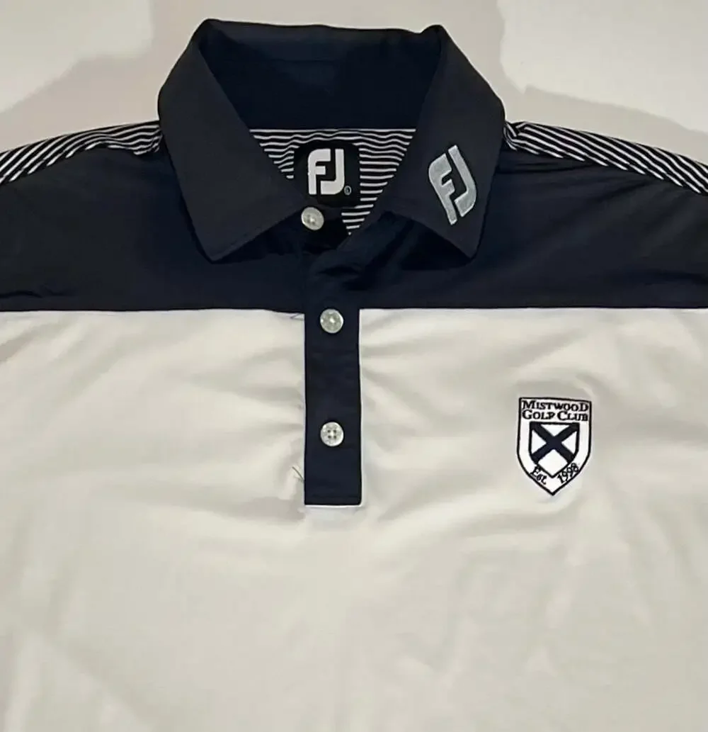 FootJoy Mistwood Golf Club Embroidered White and Black Polo Shirt Size L